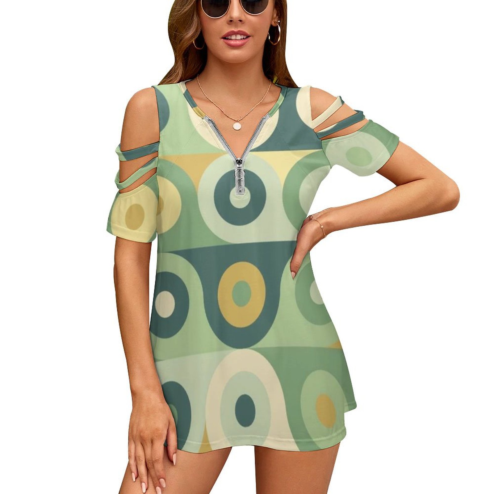 Women'S Fashion Of The 60S - Groovy 70 รูปแบบผู้หญิงซิปรูปแบบต่างๆพิมพ์ T เสื้อ Tops