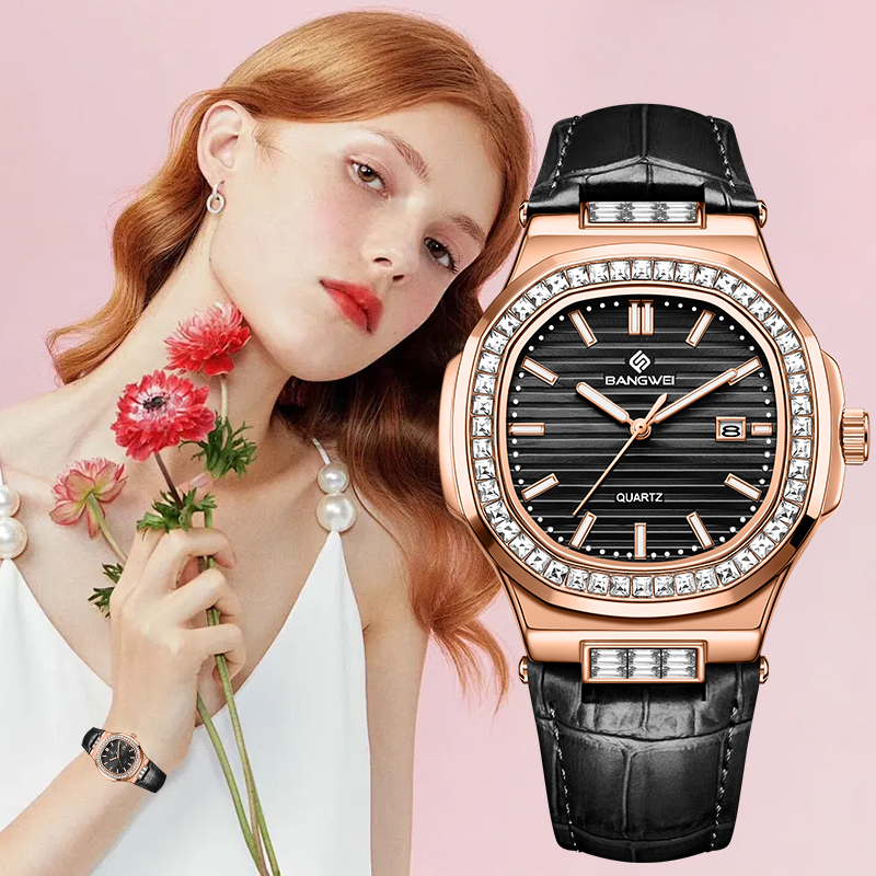 Women Fashion Simple - LIGE บังเว่ยแฟชั่นนาฬิกาควอทซ์ผู้หญิงนาฬิกาเพชรนาฬิกาอัตโนมัติวันที่กันน้ำหนังลำลองกีฬานาฬิกาข้อมือสตรีของขวัญ