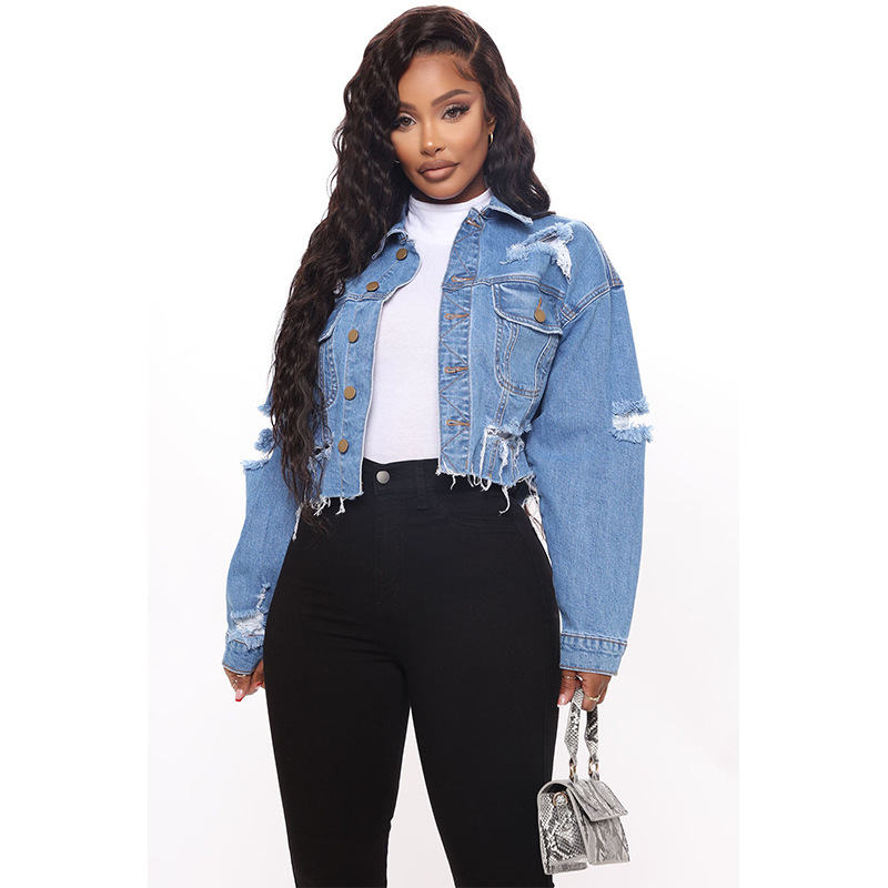 Women'S Fashion Denim Jacket - เสื้อแจ็คเก็ตยีนส์ขาสั้น Ripped Washed แจ็คเก็ตยีนส์แขนยาวปกลําลองหลวมแฟชั่นใหม่สําหรับผู้หญิงในฤดูใบไม้ผลิและฤดูใบไม้ร่วง