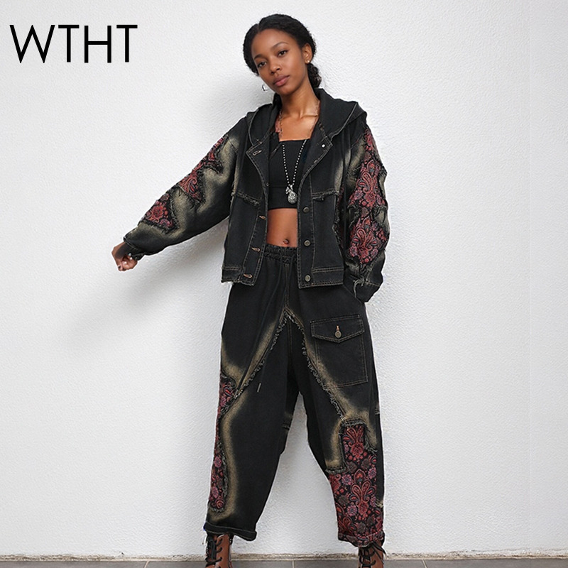 Women'S Fashion Denim Jacket - เสื้อแจ็คเก็ตยีนส์ผู้หญิง WTHT แฟชั่น แขนยาว มีฮู้ด แต่งผ้าปะติด