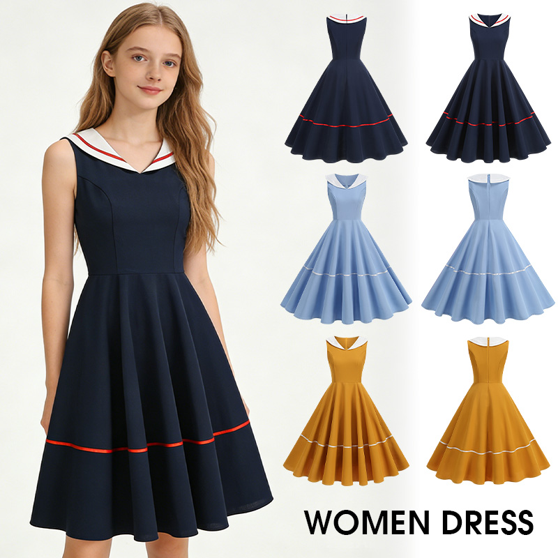 Women'S Fashion Of The 60S - ﻿ 50s 60s วินเทจสไตล์กองทัพเรือชุดเดรสทรงเอผู้หญิงแขนกุดแบบมีสไตล์ชุดเดรสสไตล์วิทยาลัยชุดเดรสสาวๆ S-2XL