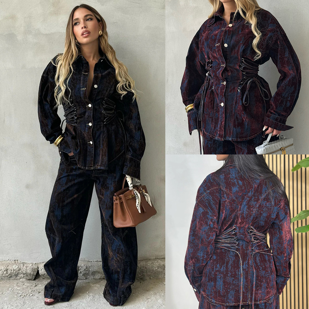Women'S Fashion Denim Jacket - ชุดเดนิม 2 ชิ้น เสื้อแจ็คเก็ตเดนิมสีสันตัดกันแบบมีเชือกผูกเอว ดีไซน์สวยเก๋สำหรับผู้หญิง พร้อมกางเกงขายาวทรงกว้าง