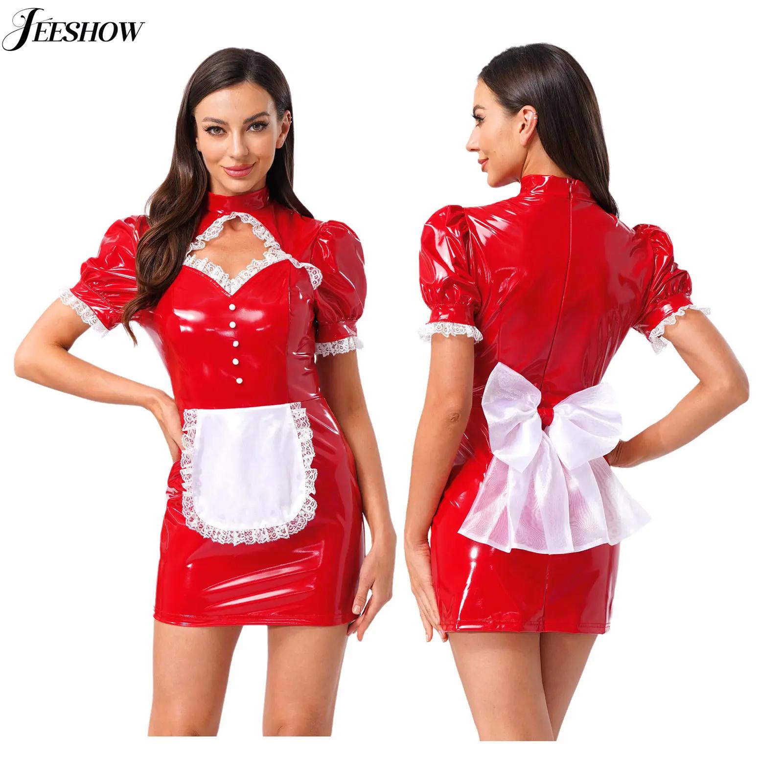 Bodycon Dress Women - สตรีชุดแม่บ้านฝรั่งเศสสิทธิบัตรหนังลูกไม้ตัดออกB Odyconมินิเดรสเครื่องแบบคนรับใช้ฮาโลวีนคอสเพลย์ชุดแฟนซี