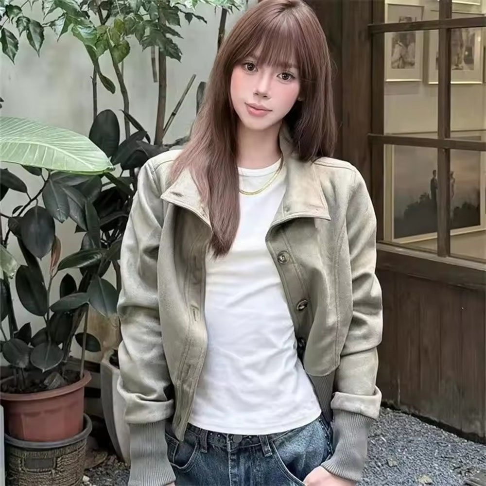 Women Fashion Usa - เสื้อแจ็คเก็ตแฟชั่นผู้หญิงสีพื้นสำหรับฤดูใบไม้ร่วงและฤดูหนาว คอตั้ง แขนยาว สไตล์อเมริกัน ผ้าหนังกลับสั้น ลำลอง