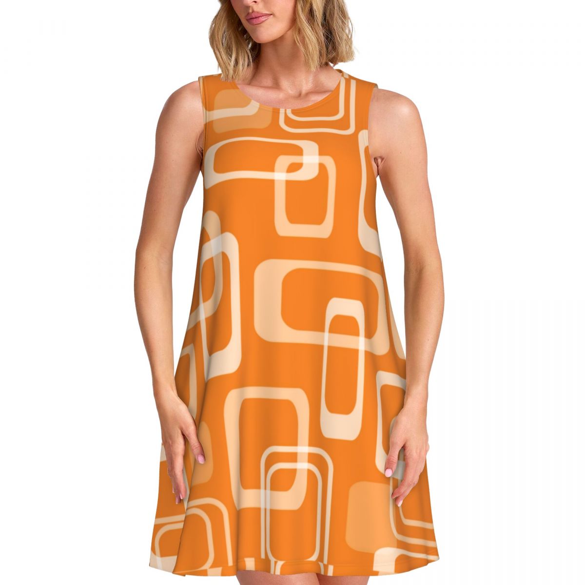 Women'S Fashion Of The 60S - ชุดเดรสสไตล์เรโทรสีส้มลายสี่เหลี่ยมยุค 60 ชุดเดรสแฟชั่นลำลองสำหรับผู้หญิง แขนกุด ลายกราฟิก ขนาดโอเวอร์ไซส์