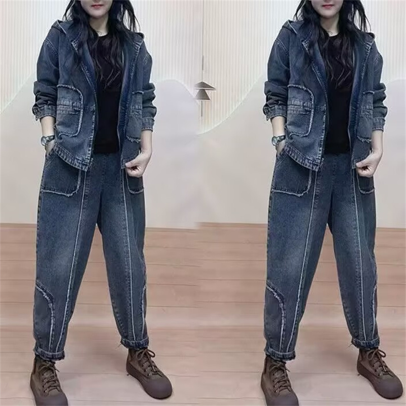Women'S Fashion Denim Jacket - แจ็คเก็ต qdenim มีฮู้ดสำหรับฤดูใบไม้ร่วง2024ชุดเสื้อโค้ทผ้ายีนส์แบบมีฮู้ดชุดแฟชั่นเสื้อโค้ทลำลองกางเกงยีนส์ของผู้หญิงชุดสองชิ้น