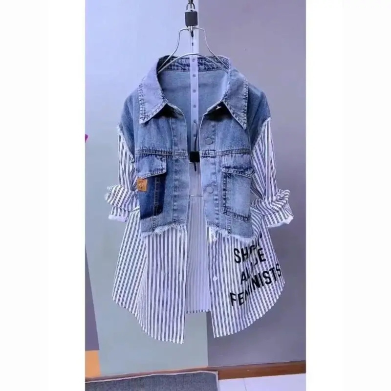 Women'S Fashion Denim Jacket - เสื้อแจ็คเก็ตยีนส์ลายทางแฟชั่นสำหรับผู้หญิง ดีไซน์เย็บต่อผ้า โดดเด่นมีสไตล์ คอลเลคชั่นใหม่สำหรับฤดูใบไม้ผลิ/ฤดูร้อน