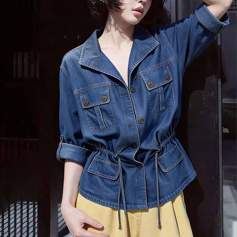 Women'S Fashion Denim Jacket - เสื้อเชิ้ตเดนิมแขนยาวทรงคาวบอยสไตล์อเมริกันฮ่องกง คอปก รัดเอว สำหรับผู้หญิง คอลเลคชั่นใหม่ ฤดูใบไม้ผลิ/ฤดูใบไม้ร่วง