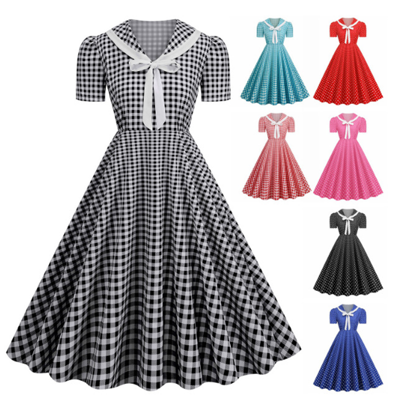 Women'S Fashion Of The 60S - Polka Dot พิมพ์ Vintage ขนาดใหญ่ Swing