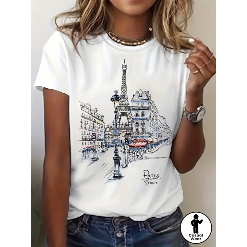 Women'S Fashion Paris - เสื้อยืดกราฟิกพิมพ์ลายหอไอเฟล ปารีส ฝรั่งเศส เสื้อยืดแขนสั้นลำลองสำหรับผู้หญิง พิมพ์ลายทิวทัศน์เมืองฝรั่งเศส เสื้อคอกลมเนื้อนุ่ม
