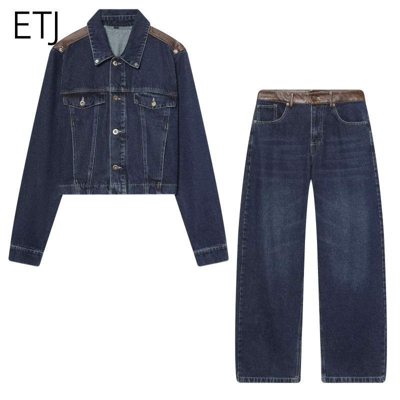 Women'S Fashion Denim Jacket - ชุดแจ็คเก็ตยีนส์และกางเกงยีนส์ผู้หญิง ETJ แต่งหนังแบบครอป ทรงโอเวอร์ไซส์ กางเกงขายาวทรงกว้าง แฟชั่นปี