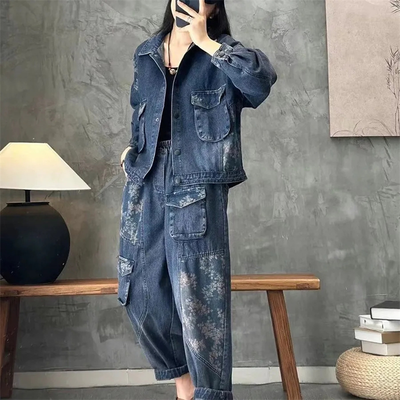 Women'S Fashion Denim Jacket - 2025 ฤดูใบไม้ร่วงDenimแจ็คเก็ตชุดลายสก๊อตลายเสื้อแฟชั่นชุดสตรี 2022 ฤดูใบไม้ผลิใหม่เสื้อสบายๆกางเกงยีนส์ 2 ชิ้นชุด