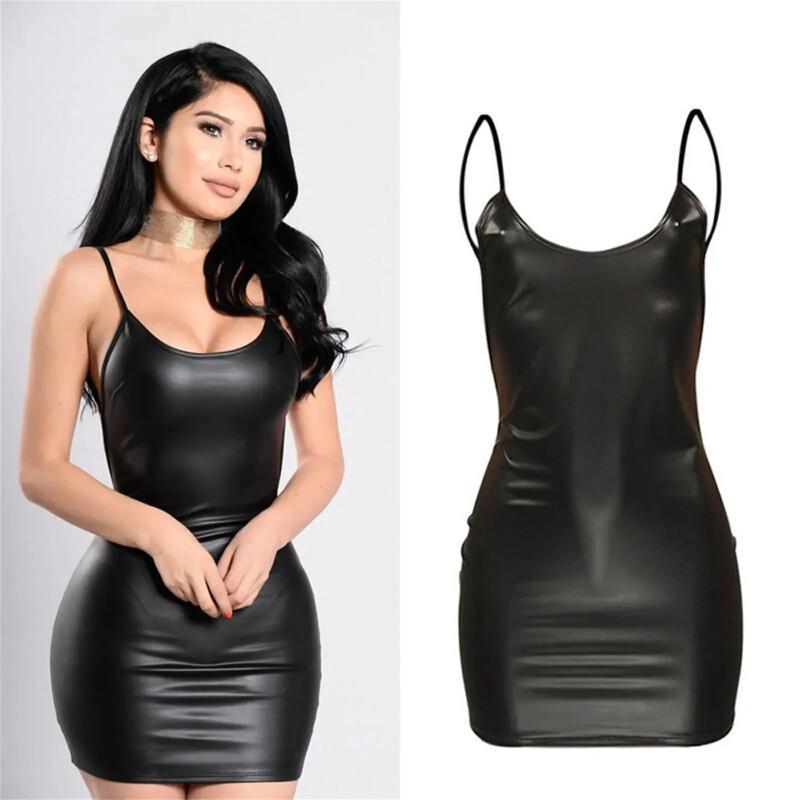 Bodycon Dress Women - เดรสสายเดี่ยวหนังเทียมสีดำไซส์ใหญ่ขายดี แขนกุด โชว์หลัง ทรงรัดรูป มินิเดรสสำหรับงานคอสเพลย์ ปาร์ตี้