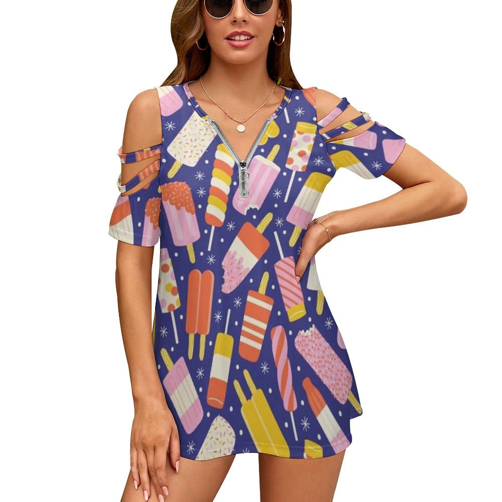 Women Fashion Vector - Popsicles ใหม่แฟชั่น Zip Off ไหล่แขนสั้นผู้หญิงเสื้อรูปแบบเวกเตอร์ Popsicles