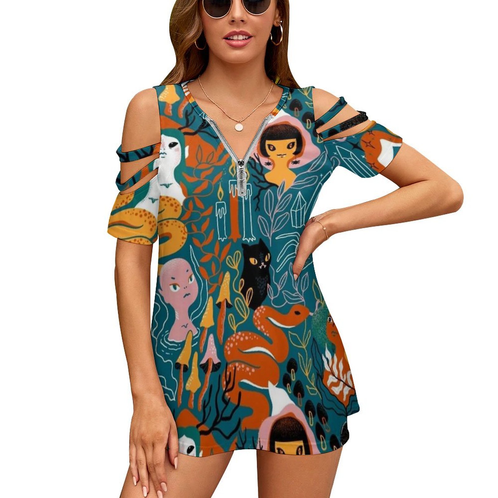 Women Fashion Vector - โคเวน. น้องสาวเวทย์มนตร์แม่มด ใหม่แฟชั่น Zip ปิดไหล่แขนสั้นผู้หญิงเสื้อแม่มดฮาโลวีน Magic