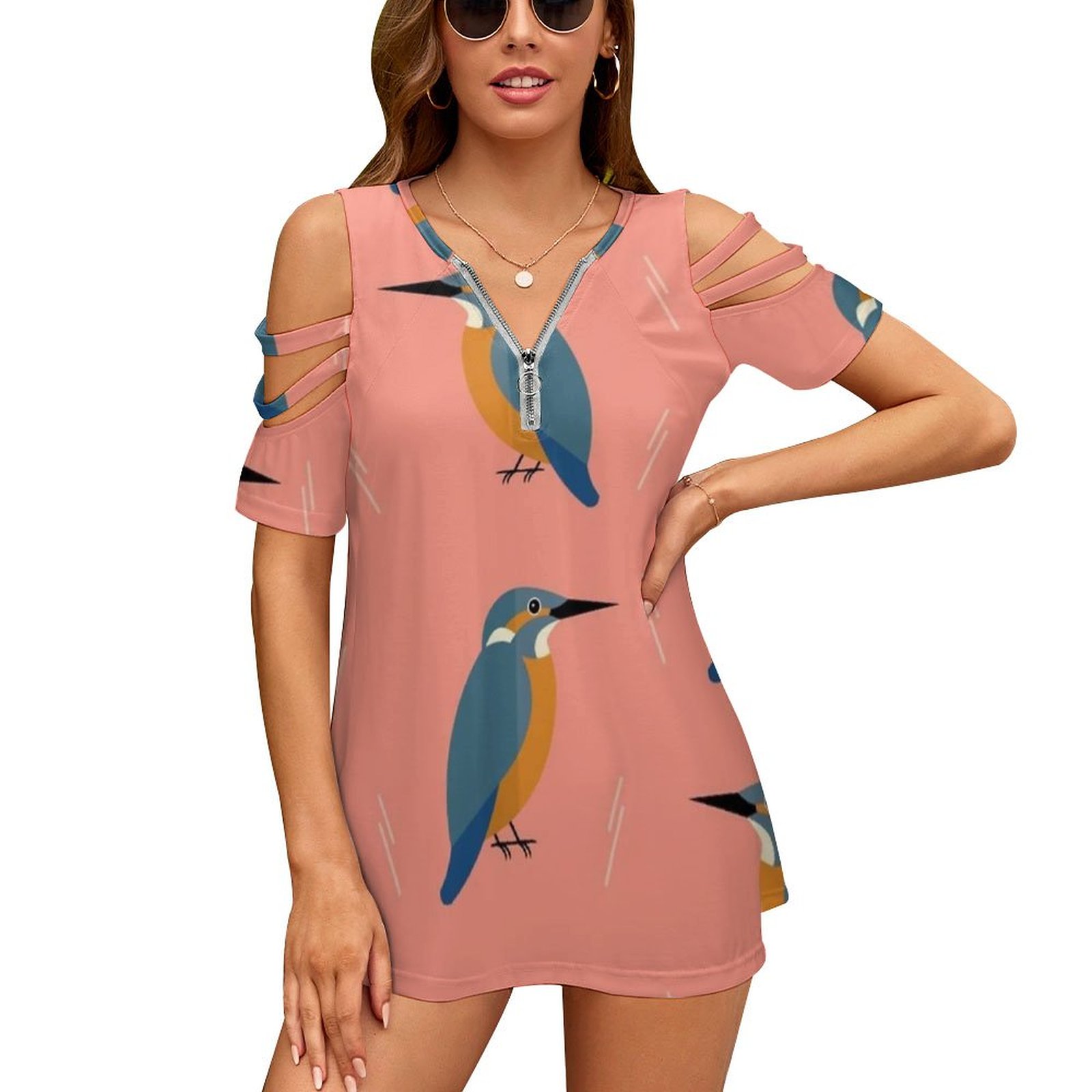 Women Fashion Vector - Kingfishers ทุกที่แฟชั่นใหม่ Zip Off ไหล่แขนสั้นผู้หญิงเสื้อออกแบบกราฟิกรูปแบบเวกเตอร์ Kingfisher