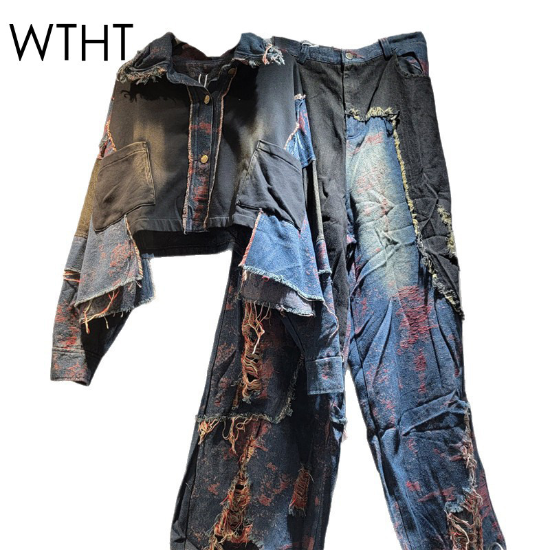 Women'S Fashion Denim Jacket - WTHT ใหม่แฟชั่นผู้หญิง Patchwork ล้างแขนยาว DENIM แจ็คเก็ตเอวสูงตรงกางเกงยีนส์หญิง