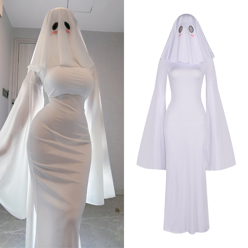 Bodycon Dress Women - อะนิเมะคอสเพลย์ผู้หญิงชุดเจ้าสาวผีน่ารักสีขาวเซ็กซี่พร้อมหน้ากากฮาโลวีนปาร์ตี้คาร์นิวัลชุดเดรสหางกระชับ