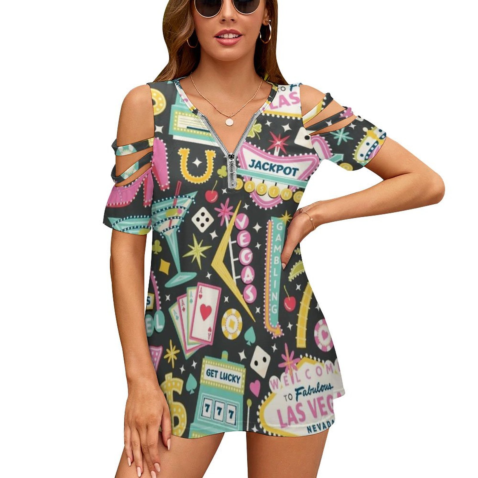 Women Fashion Vector - Viva Las Vegas เสื้อยืดผู้หญิงแฟชั่นฤดูร้อนพิมพ์ดอกไม้ V คอซิป