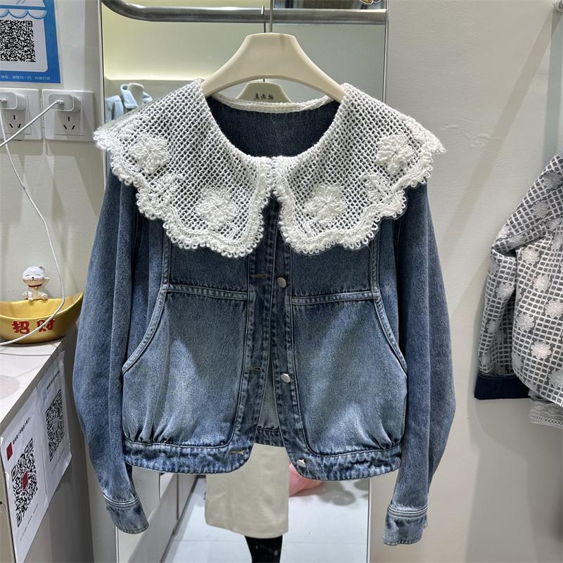 Women'S Fashion Denim Jacket - ผู้หญิงฤดูใบไม้ผลิฤดูใบไม้ร่วงใหม่สไตล์เกาหลี DENIM แจ็คเก็ตตุ๊กตาลูกไม้ Patchwork แฟชั่นเสื้อแจ็คเก็ตสั้นด้านบน
