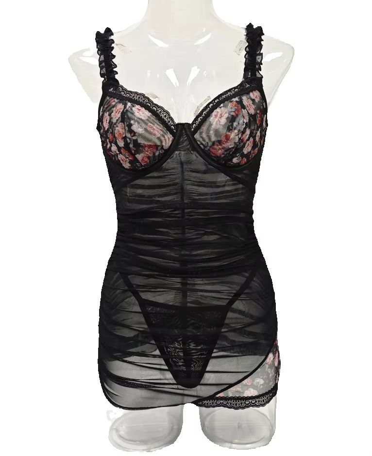 Bodycon Dress Women - ชุดนอนซีทรูลูกไม้ผู้หญิง แต่งระบาย สายเดี่ยว ผ้าตาข่ายรัดรูป มินิเดรส พร้อมจีสตริง