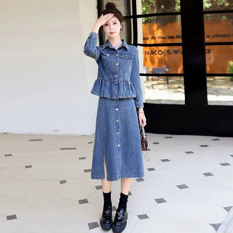 Women'S Fashion Denim Jacket - แจ็คเก็ตคาวบอยหญิง2024ใหม่ฤดูใบไม้ผลิและฤดูใบไม้ร่วงใหม่เกาหลีแฟชั่นยีนส์ลายดอกไม้และกระโปรงยีนส์ชุดสองชิ้นสีน้ำเงิน