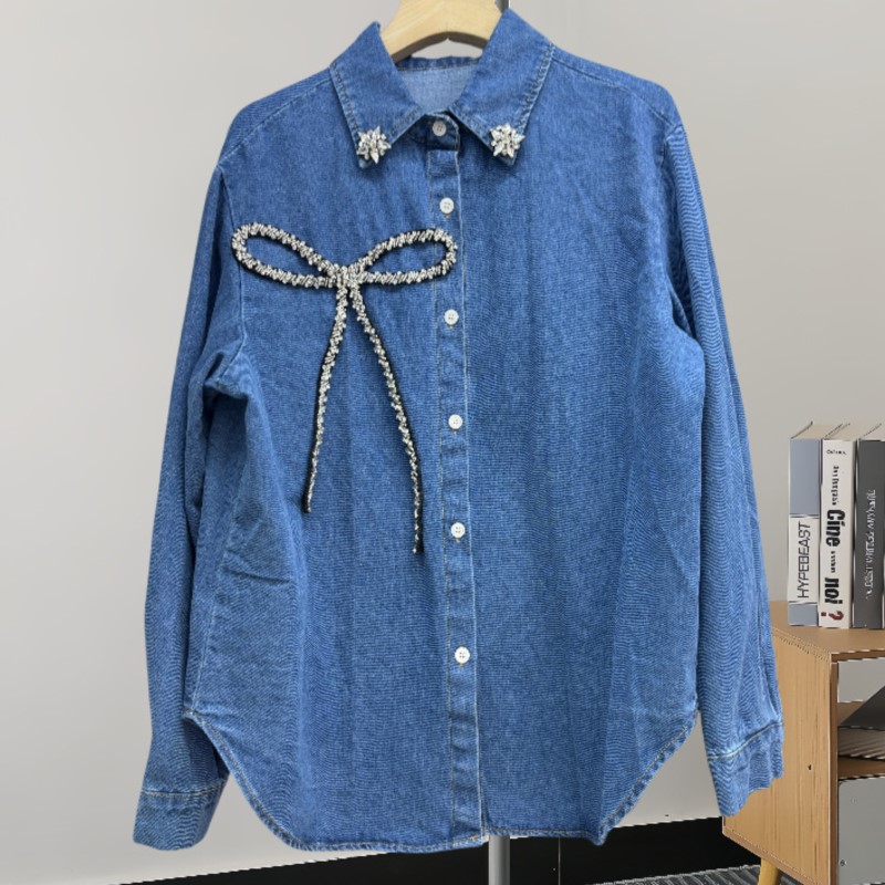 Women'S Fashion Denim Jacket - เสื้อเชิ้ตยีนส์ประดับโบว์เพชรแฟชั่นสำหรับผู้หญิง รุ่นใหม่สำหรับฤดูใบไม้ผลิและฤดูใบไม้ร่วง