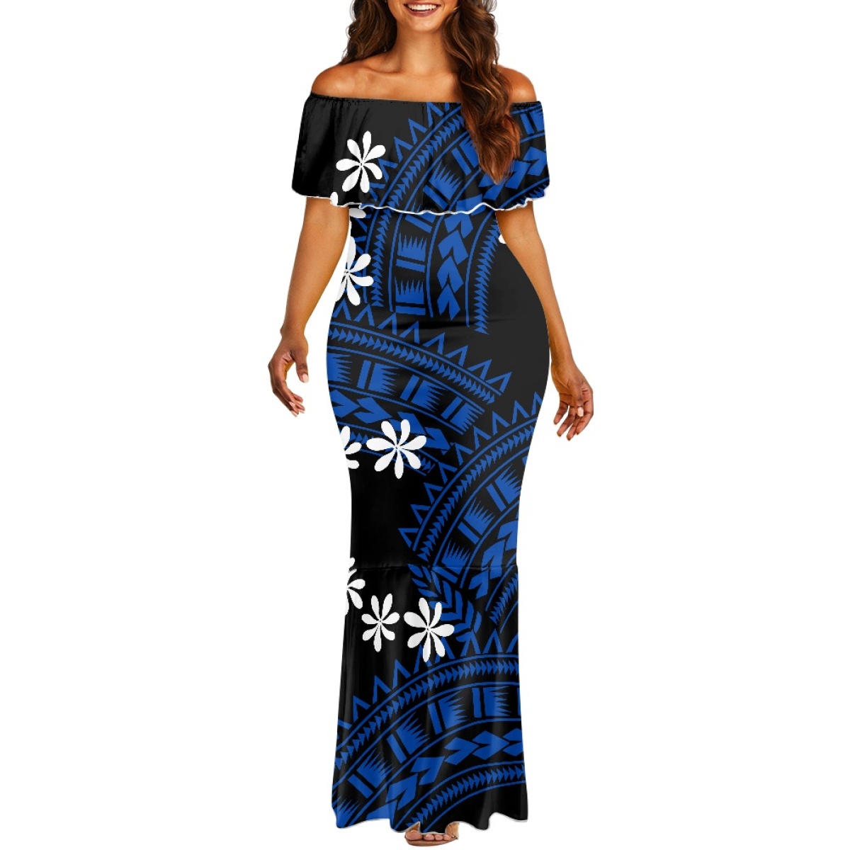 Bodycon Dress Women - ชุดเดรสออกงานสไตล์โพลินีเซียน ลายสักชนเผ่าไล่เฉดสี แบบเปิดไหล่ ทรงเมอร์เมด สำหรับงานเลี้ยงค็อกเทลยามเย็น
