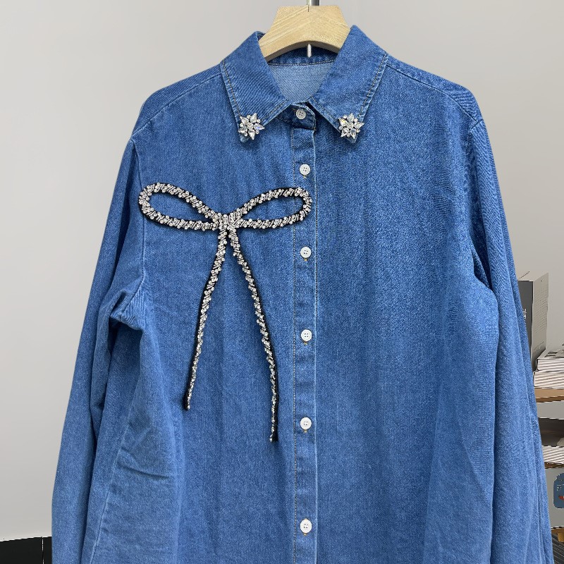 เสื้อเชิ้ตยีนส์ประดับโบว์เพชรแ - Women'S Fashion Denim Jacket บทวิจารณ์และราคา