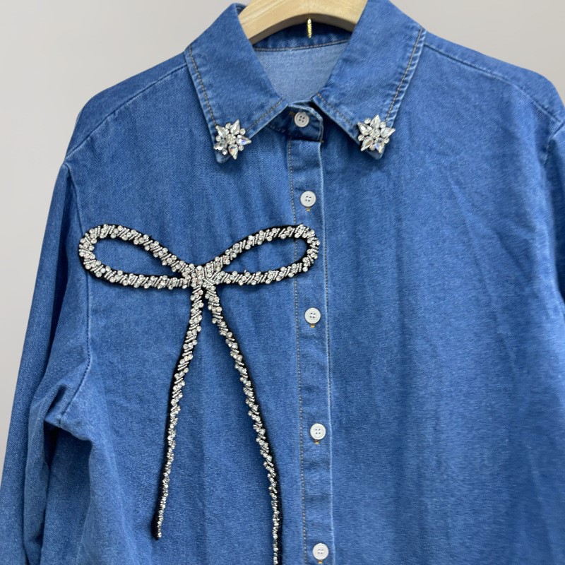 เสื้อเชิ้ตยีนส์ประดับโบว์เพชรแ - Women'S Fashion Denim Jacket บทวิจารณ์และราคา