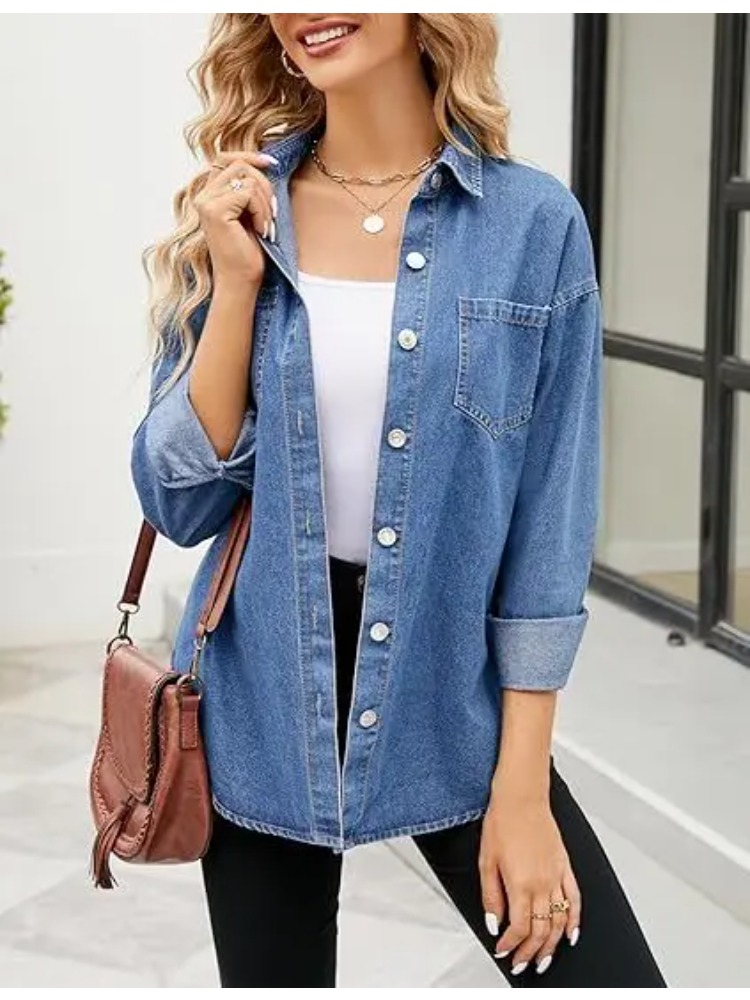 เสื้อเชิ้ตเดนิมแขนยาวทรงหลวมแบ - Women'S Fashion Denim Jacket บทวิจารณ์และราคา